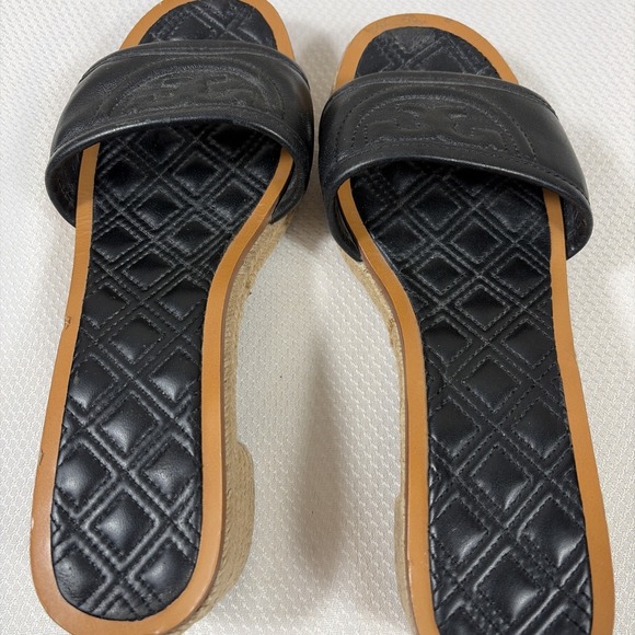 TORY BURCH Quilted Fleming Woven Wedge Espadrille Sandal Size 6.5M Black Leather - Picture 4 of 9
